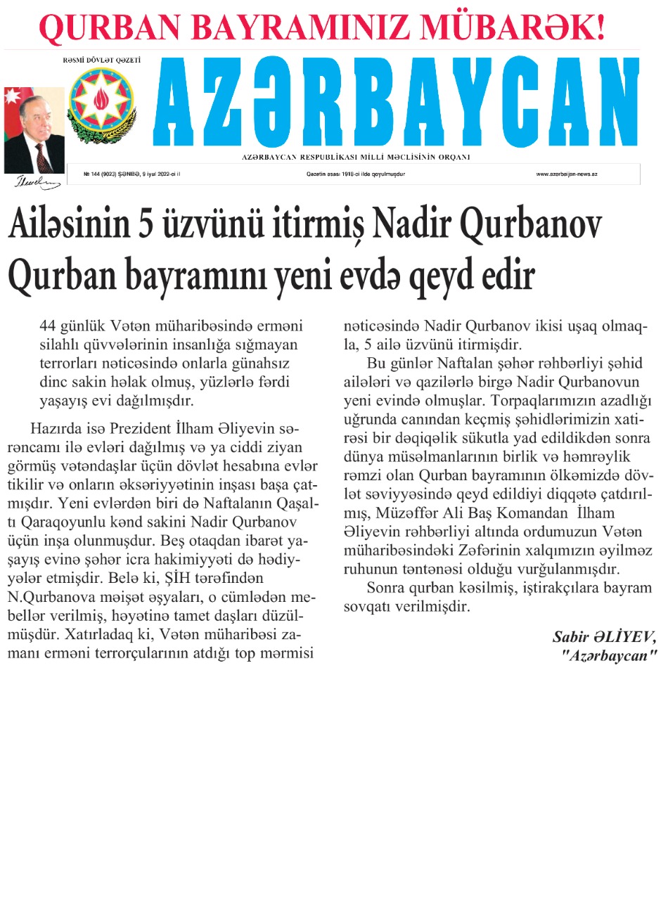 Ailəsinin 5 üzvünü itirmiş Nadir Qurbanov Qurban bayramını yeni evində qeyd edir.jpg